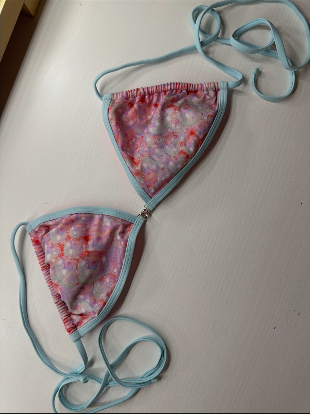 Strawberry Milk Mob Pink Multicolor Triangle Bikini Top with Light Blue Trim